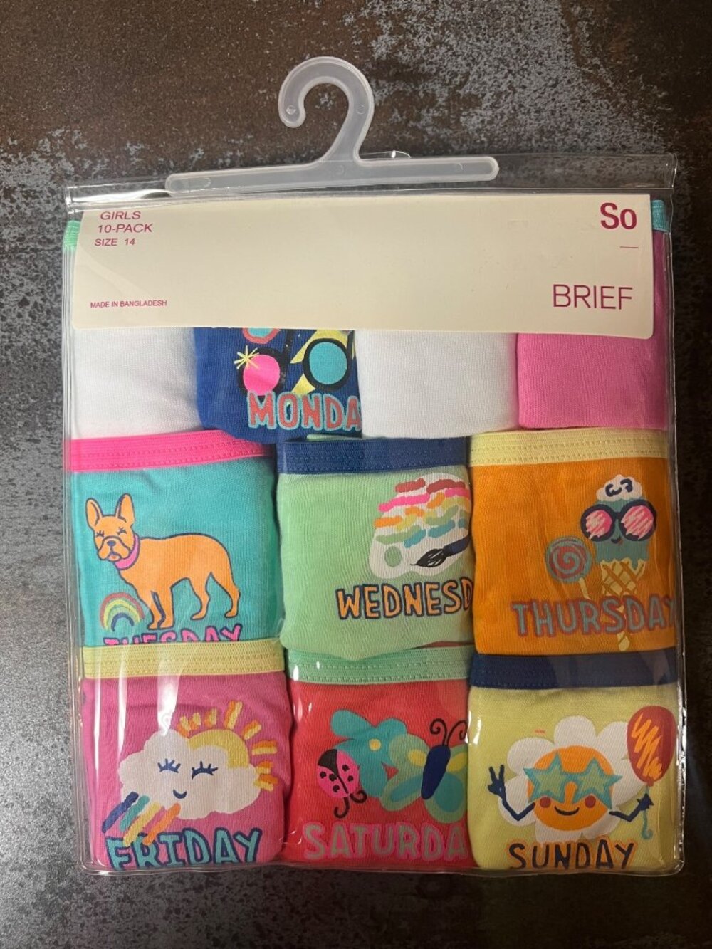 Girls SO 10-Pack Multicolor Briefs Size 14